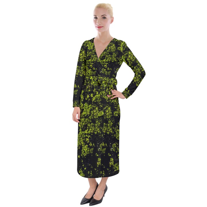 Nature Dark Camo Print Velvet Maxi Wrap Dress