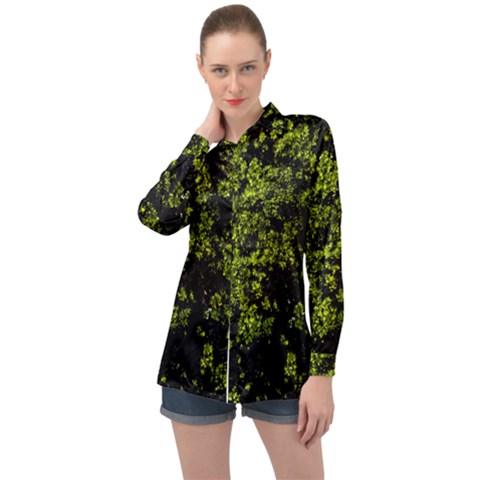 Nature Dark Camo Print Long Sleeve Satin Shirt by dflcprintsclothing