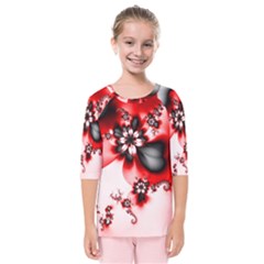 Abstract Red Black Floral Print Kids  Quarter Sleeve Raglan Tee