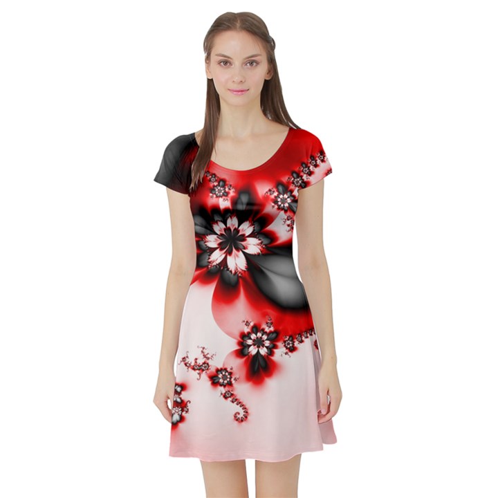 Abstract Red Black Floral Print Short Sleeve Skater Dress