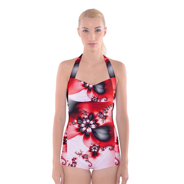 Abstract Red Black Floral Print Boyleg Halter Swimsuit 