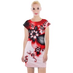 Abstract Red Black Floral Print Cap Sleeve Bodycon Dress by SpinnyChairDesigns