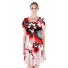 Abstract Red Black Floral Print Short Sleeve V-neck Flare Dress by SpinnyChairDesigns