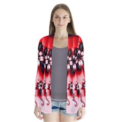 Abstract Red Black Floral Print Drape Collar Cardigan by SpinnyChairDesigns