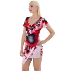 Abstract Red Black Floral Print Short Sleeve Asymmetric Mini Dress by SpinnyChairDesigns