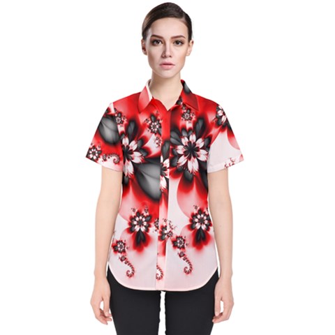 Abstract Red Black Floral Print Women s Short Sleeve Shirt by SpinnyChairDesigns