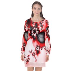 Abstract Red Black Floral Print Long Sleeve Chiffon Shift Dress  by SpinnyChairDesigns