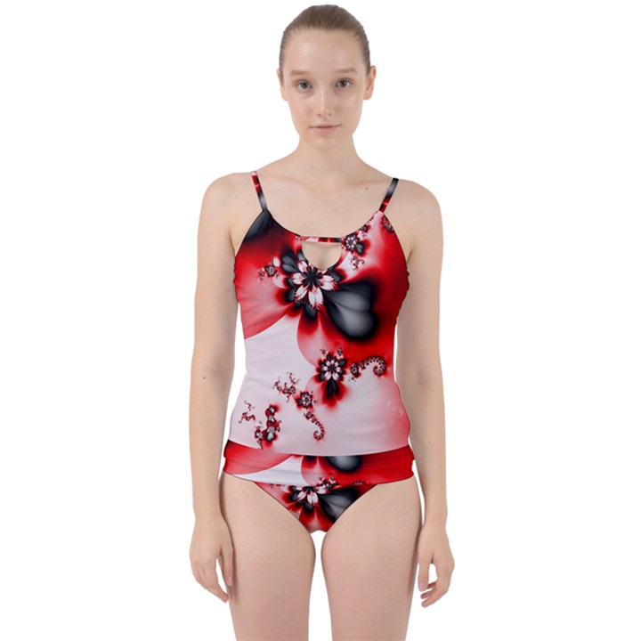 Abstract Red Black Floral Print Cut Out Top Tankini Set