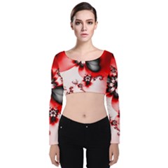 Abstract Red Black Floral Print Velvet Long Sleeve Crop Top by SpinnyChairDesigns