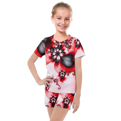 Abstract Red Black Floral Print Kids  Mesh Tee And Shorts Set by SpinnyChairDesigns