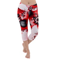 Abstract Red Black Floral Print Lightweight Velour Capri Yoga Leggings