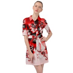 Abstract Red Black Floral Print Belted Shirt Dress by SpinnyChairDesigns