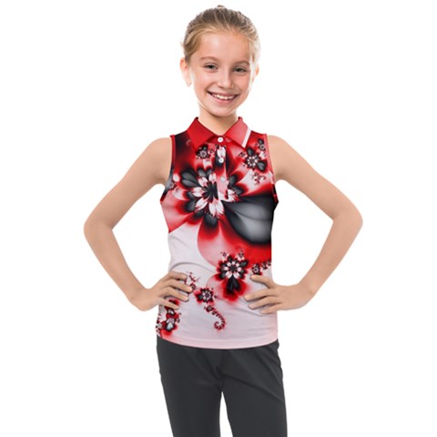 Abstract Red Black Floral Print Kids  Sleeveless Polo Tee by SpinnyChairDesigns