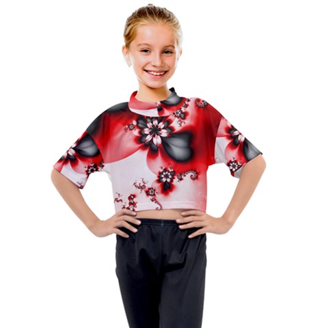 Abstract Red Black Floral Print Kids Mock Neck Tee by SpinnyChairDesigns