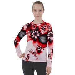 Abstract Red Black Floral Print Women s Pique Long Sleeve Tee