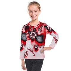 Abstract Red Black Floral Print Kids  Long Mesh Tee