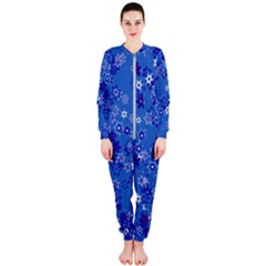 Cornflower Blue Floral Print Onepiece Jumpsuit (ladies)  by SpinnyChairDesigns