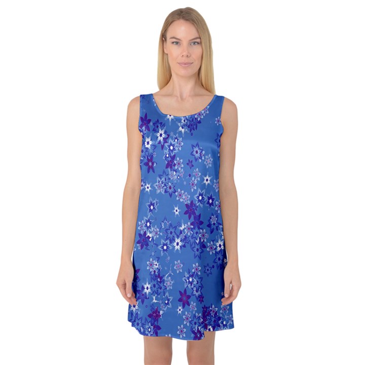 Cornflower Blue Floral Print Sleeveless Satin Nightdress