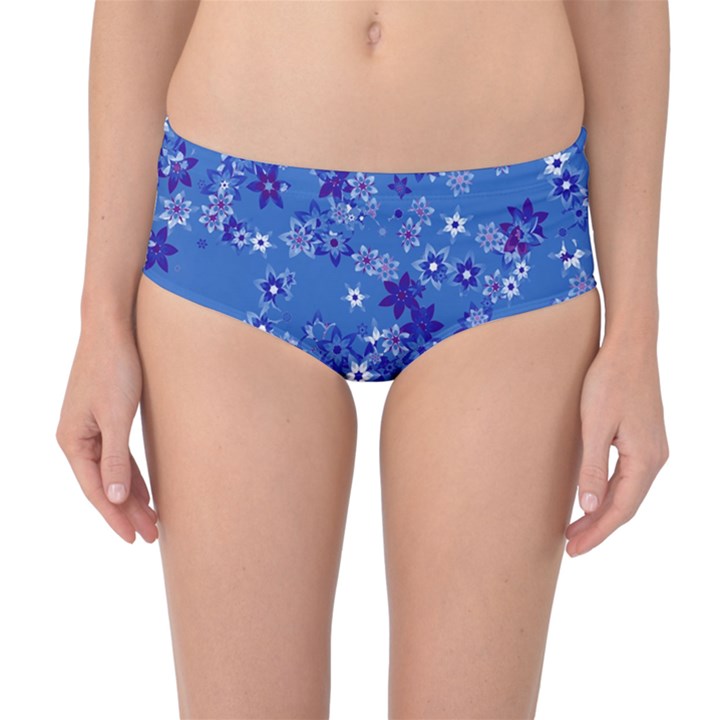 Cornflower Blue Floral Print Mid-Waist Bikini Bottoms