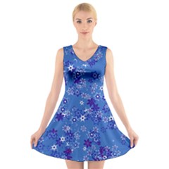 Cornflower Blue Floral Print V-neck Sleeveless Dress by SpinnyChairDesigns