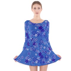 Cornflower Blue Floral Print Long Sleeve Velvet Skater Dress by SpinnyChairDesigns