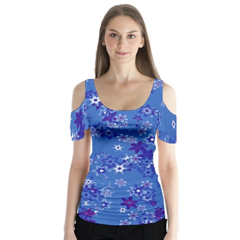 Cornflower Blue Floral Print Butterfly Sleeve Cutout Tee  by SpinnyChairDesigns