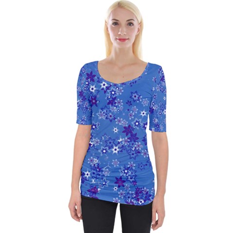 Cornflower Blue Floral Print Wide Neckline Tee by SpinnyChairDesigns