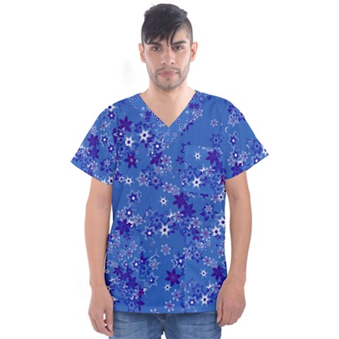 Cornflower Blue Floral Print Men s V-neck Scrub Top by SpinnyChairDesigns