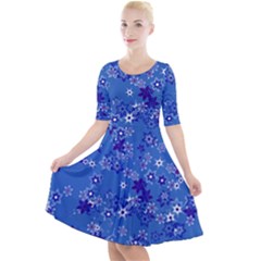 Cornflower Blue Floral Print Quarter Sleeve A-line Dress by SpinnyChairDesigns