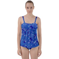 Cornflower Blue Floral Print Twist Front Tankini Set by SpinnyChairDesigns