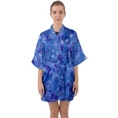 Cornflower Blue Floral Print Half Sleeve Satin Kimono  by SpinnyChairDesigns