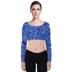 Cornflower Blue Floral Print Velvet Long Sleeve Crop Top by SpinnyChairDesigns