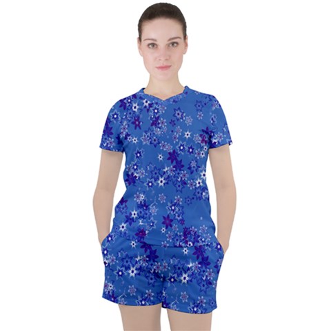 Cornflower Blue Floral Print Women s Tee And Shorts Set by SpinnyChairDesigns