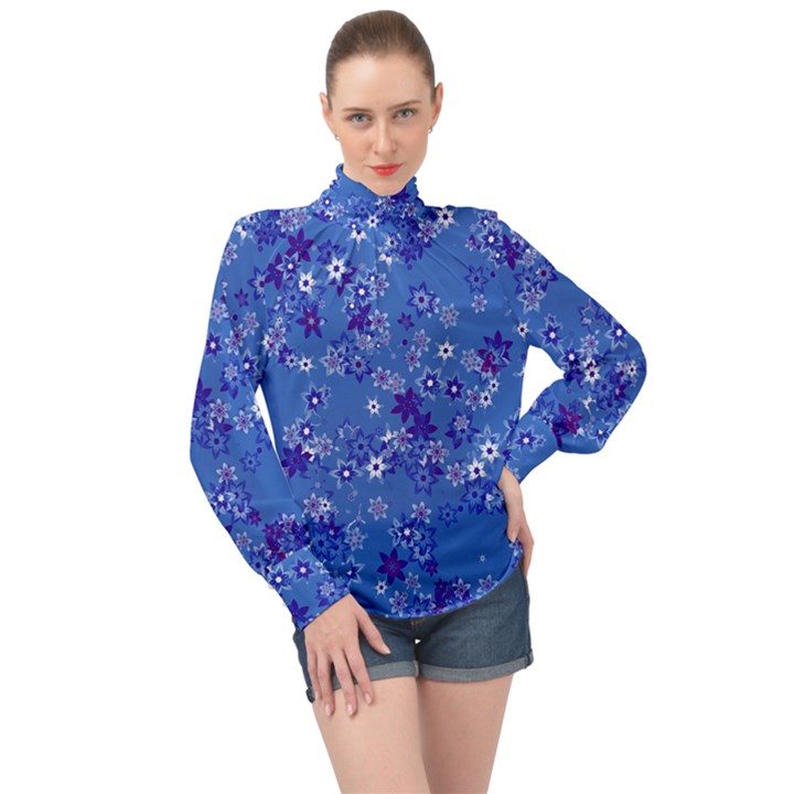 Cornflower Blue Floral Print High Neck Long Sleeve Chiffon Top