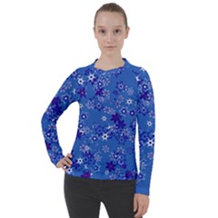 Cornflower Blue Floral Print Women s Pique Long Sleeve Tee