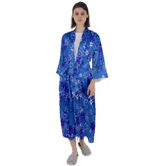 Cornflower Blue Floral Print Maxi Satin Kimono by SpinnyChairDesigns