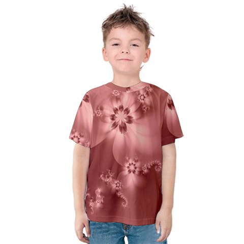 Coral Pink Floral Print Kids  Cotton Tee by SpinnyChairDesigns