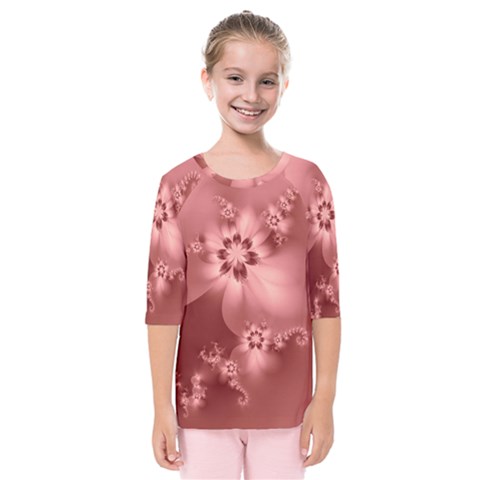 Coral Pink Floral Print Kids  Quarter Sleeve Raglan Tee by SpinnyChairDesigns