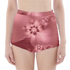 Coral Pink Floral Print High-waisted Bikini Bottoms by SpinnyChairDesigns