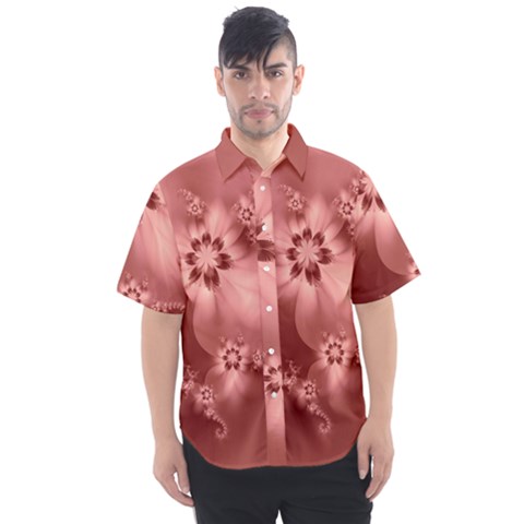 Coral Pink Floral Print Men s Short Sleeve Shirt by SpinnyChairDesigns