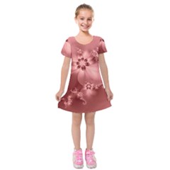 Coral Pink Floral Print Kids  Short Sleeve Velvet Dress by SpinnyChairDesigns