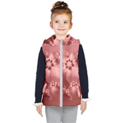 Coral Pink Floral Print Kids  Hooded Puffer Vest by SpinnyChairDesigns