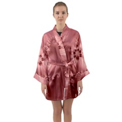 Coral Pink Floral Print Long Sleeve Satin Kimono by SpinnyChairDesigns