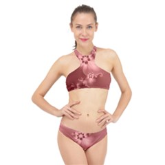 Coral Pink Floral Print High Neck Bikini Set by SpinnyChairDesigns