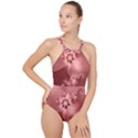 Coral Pink Floral Print High Neck One Piece Swimsuit View1