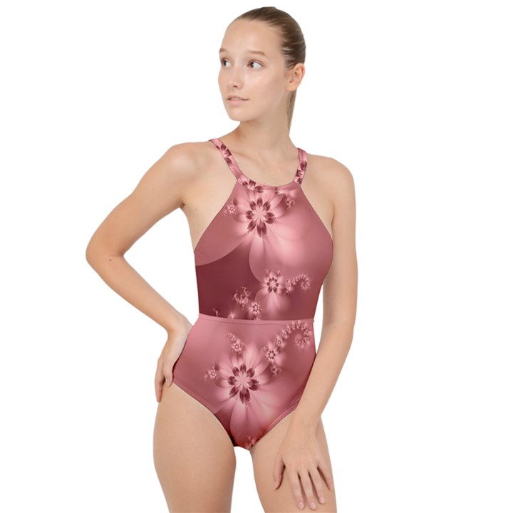 Coral Pink Floral Print High Neck One Piece Swimsuit