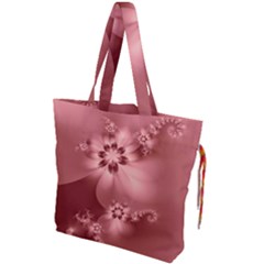 Coral Pink Floral Print Drawstring Tote Bag by SpinnyChairDesigns