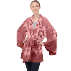 Coral Pink Floral Print Long Sleeve Velvet Kimono  by SpinnyChairDesigns