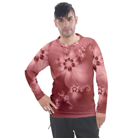 Coral Pink Floral Print Men s Pique Long Sleeve Tee by SpinnyChairDesigns