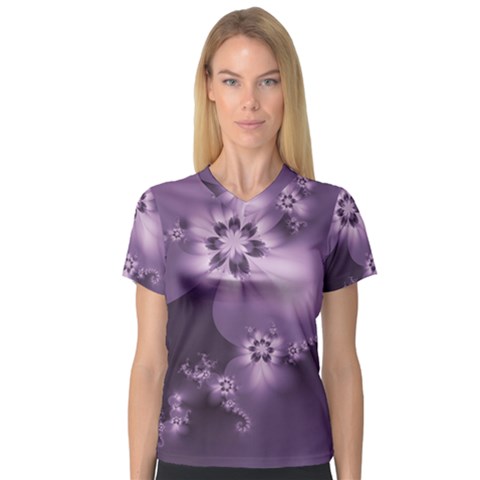 Royal Purple Floral Print V-neck Sport Mesh Tee by SpinnyChairDesigns